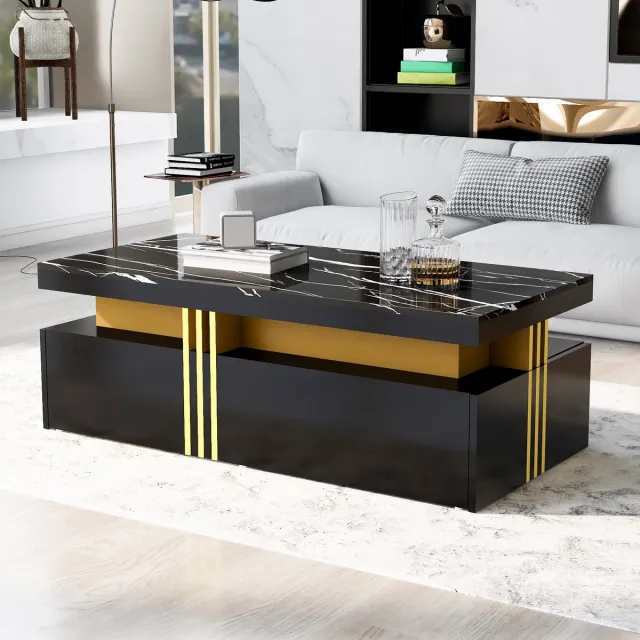 MIVRAY Salontafel - Hoogglans Tafelblad Met 2 Laden - Voor Woonkamer Of Kantoor - Spaanplaat En Metaal - 100x50x40 Cm - Zwart