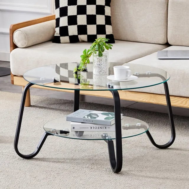 MODENUIT Salontafel - Rond Met Dubbel Glazen Blad - Voor Woonkamer - Metaal En Glas - 80x80x45 Cm Zwart