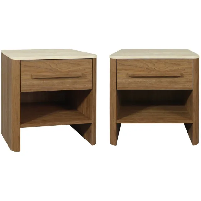 sweeek Set van 2 nachtkastjes houtdecor en travertin-effect met 1 lade en vak - aretha Walnoot