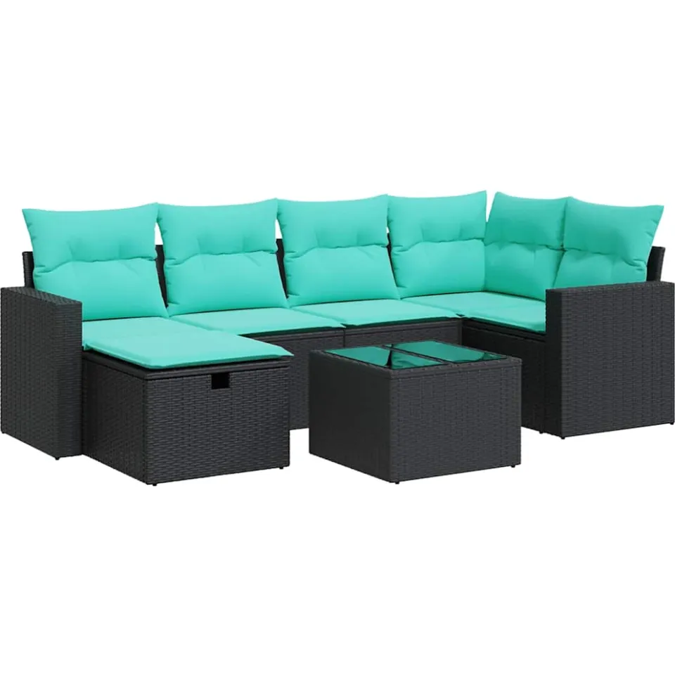 vidaXL 7-delige Loungeset met kussens poly rattan zwart, foto 3