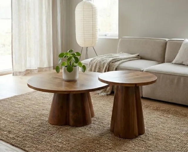 Meubelplaats Salontafel Balou rond set van 2 mangohout 80x80x42 cm - Walnoot - Japandi walnoot walnoot