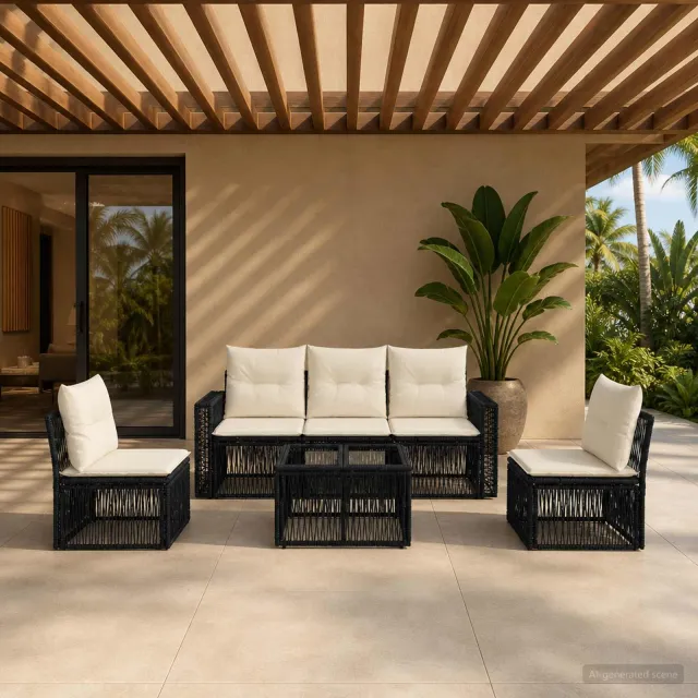 vidaXL Tuinbankenset 6 st Zwart en Cream Wit poly rattan, foto 2