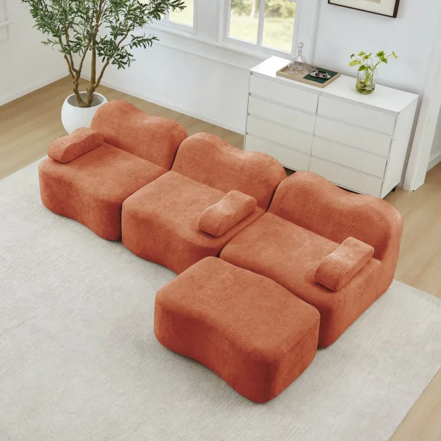 STILVORA Hoekbank 3-Zits - Modulair Met Hocker En Diepe Zitting - Voor Woonkamer En Appartement - Fluweel Oranje