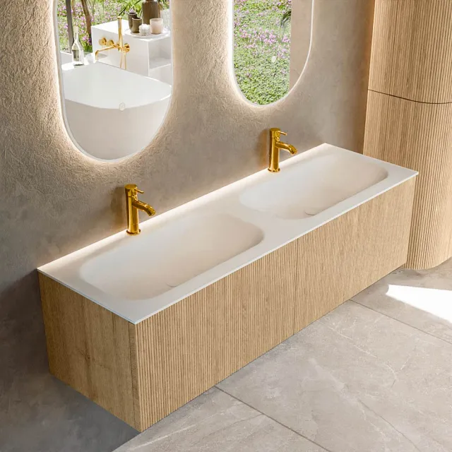 Mondiaz KURVE 150 cm Onderkast Greeploos 2 Lades Zonder Deuren Oak, Wastafel Solid Surface Dubbel Talc 2 Kraangaten Zonder Spiegel (KRVBGS1502L0D2KD-Oak/Tal)