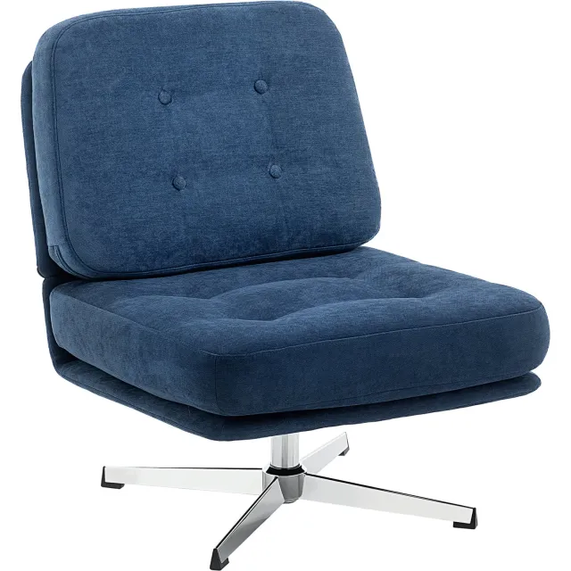 Lunpog Fauteuil 360° Draaibare Loungefauteuil Chenille Donkerblauw | Brede zitting, kleermakersstoel, gestoffeerde stoel met metalen poten, gevoerde relaxstoel, leesstoel Bleu