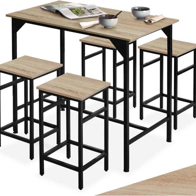 Tectake Bartafelset 5-delig - Bartafel met 4 barkrukken - Bistro bartafel met kruk - Industrieel design - Zwart metalen frame - Draagkracht tafel 75 kg kruk 150 kg - Afmeting (LxBxH) tafel 100 x 60 x 88,5 cm kruk 32 x 32 x 58 cm - Lichtbruin