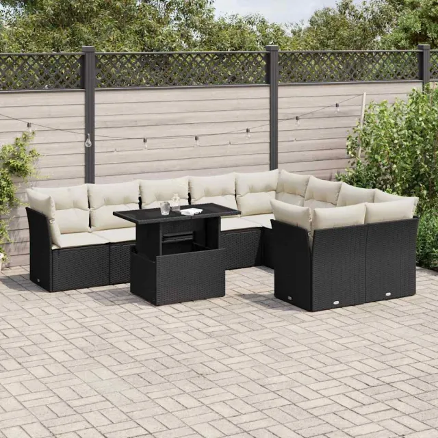 vidaXL 10-delige Loungeset met kussens poly rattan zwart, foto 2