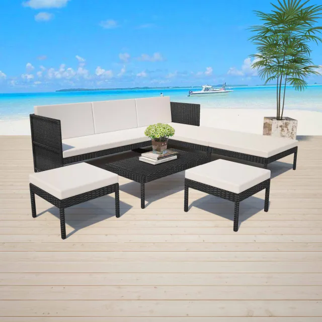 vidaXL 6-delige Loungeset met kussens poly rattan zwart, foto 2