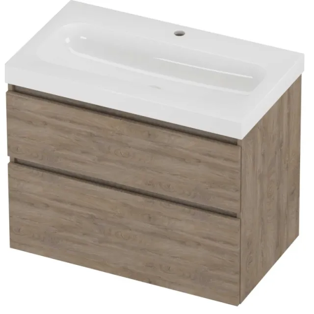 Proline Haga Badmeubelset Polystone Mezza 1 Kraangat Asymmetrisch 80x46x66 cm Glans Wit Raw Oak Eiken