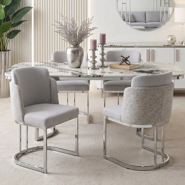 WUVRIE Set van 2 eetkamerstoelen - Chenille bekleding en metalen onderstel - Lichtgrijs/zilver