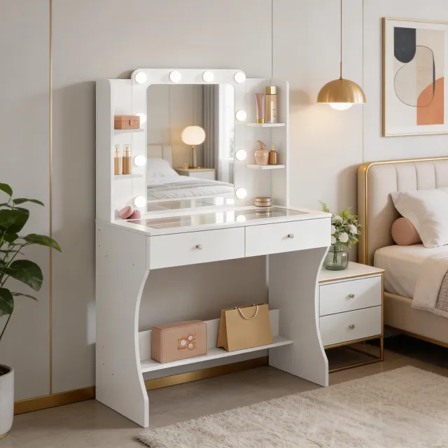 CHICFURN Kaptafel - LED-spiegel - 2 lades - Wit