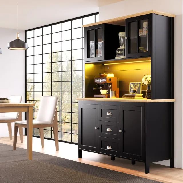 MEUNIQ buffetkast 120 x 40 x 179 cm met LED-verlichting, 4 deuren, 3 lades en open vak, hoge opbergkast voor keuken, woonkamer of hal, zwart