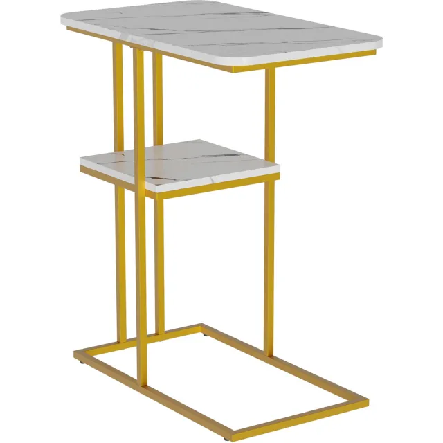 PIPIPOXER Bijzettafel - Tafeltje - Kleine Salontafel - Tafel Industrieel- Salontafel - Dubbele laag - Banktafel - 50 x 30 x 58 cm - Marmeren blad + gouden poten