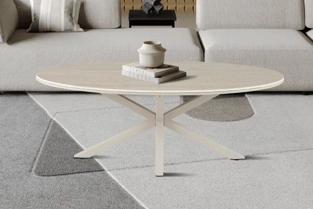 Rousseau Salontafel Noa 130 x 70 cm – Deens Ovaal – Travertin Look – Beige – Metalen Matrixpoot