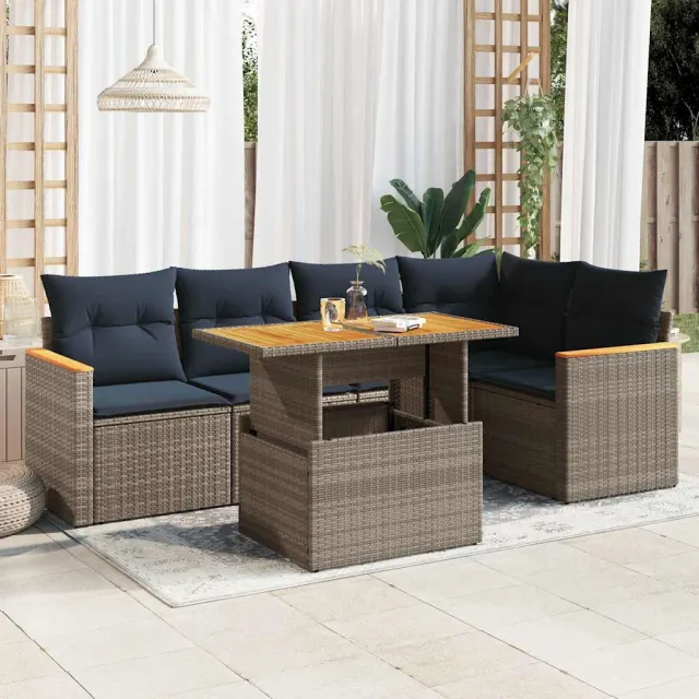 vidaXL 6-delige Loungeset met kussens poly rattan grijs, foto 2