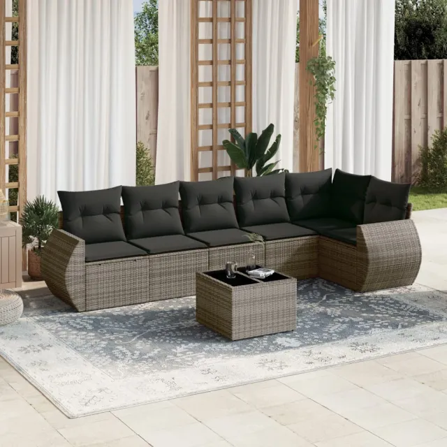 vidaXL 7-delige Loungeset met kussens poly rattan grijs, foto 2