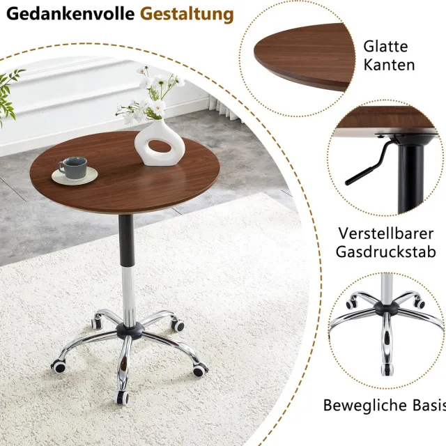 COVREO Bijzettafel 70 cm walnoot, rond, in hoogte verstelbaar, met wielen Walnut