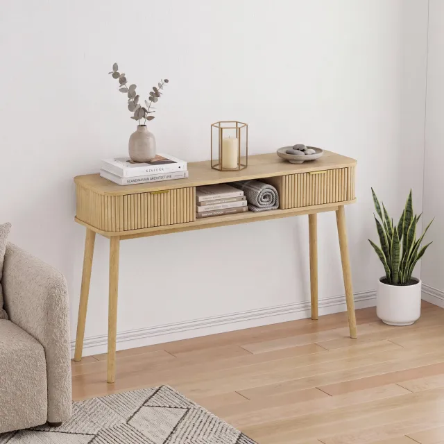 MODENUIT Sidetable - Twee Lades En Open Opbergvak - Voor Hal En Woonkamer - Eikenlook - 120x35x77,5 Cm
