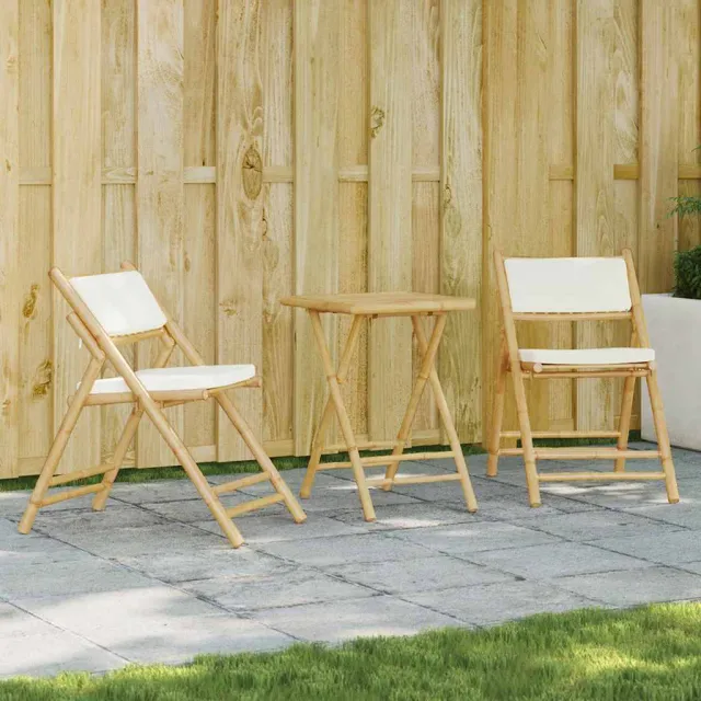 vidaXL 3-delige Bistroset inklapbaar met kussens bamboe crèmewit, foto 2
