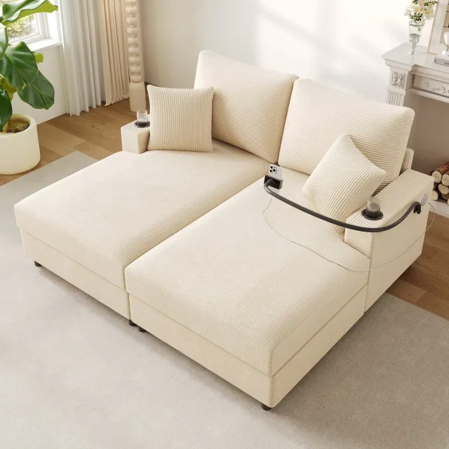 HAUSS SPOLE Sofa - Relax Slaapbank - 2-Zits - Slaapfunctie & 360° Telefoonhouder Met USB-C - 163x140x82 cm - Voor Woonkamer En Slaapkamer - Corduroy Beige