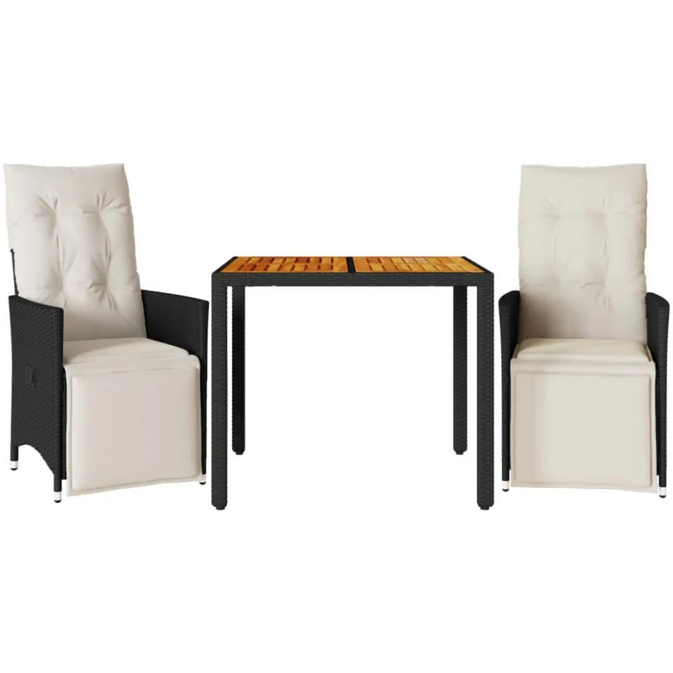 vidaXL 3-delige Bistroset met kussens poly rattan zwart, foto 3
