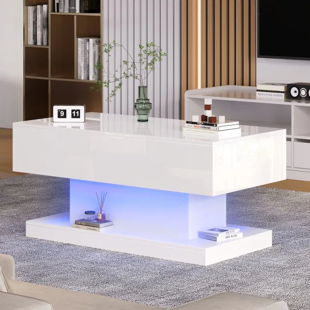 HAUSS SPOLE Salontafels - Rechthoekig Met LED En Liftblad - Met Opbergruimte Voor Woonkamer - Hydraulisch Verstelbaar - Hout - Wit - 100x50x45 cm
