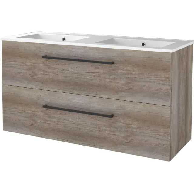 Boss & Wessing Badmeubelset BWS Salt 120x46cm Met Grepen 2 Lades Met Wastafel Porselein 2 Kraangaten Scotch Oak Bruin
