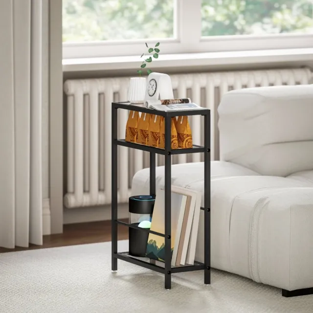 Wishdor smalle bijzettafel met 3 niveaus en gehard glas, zwart stalen frame, verstelbare stangen, 40×18×62 cm