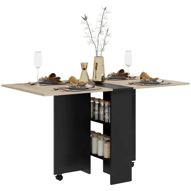 VILIMA Inklapbare eettafel -Eettafel - Inklapbare tafel vierkant - Tafel met wieltjes - Ruimtebesparend - 75X140X74 cm - Zwart - Hout Zwart/houtkleur
