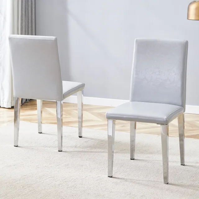 Clruro Eetkamerstoel - 2 stuks set - Minimalistische eetkamerstoel licht luxe - moderne stijl - PU leer + metalen poten - lichtgrijs zilver
