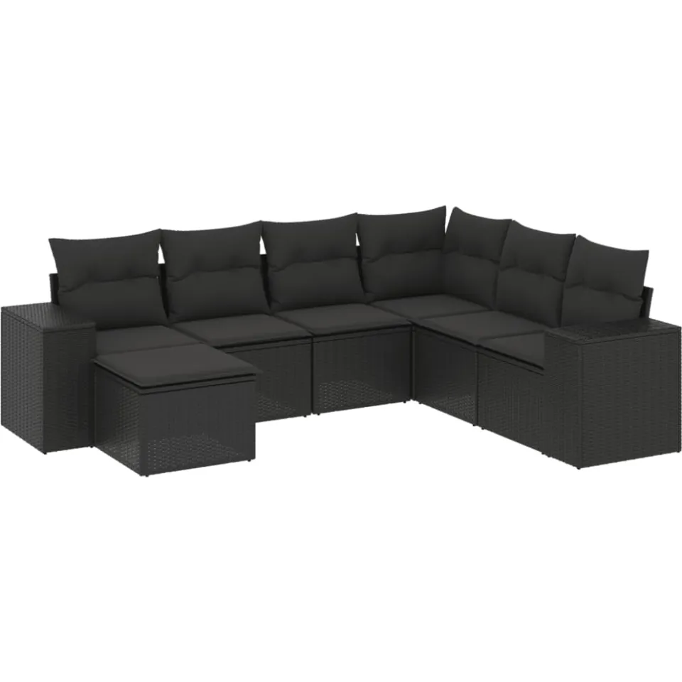 vidaXL 7-delige Loungeset met kussens poly rattan zwart, foto 3