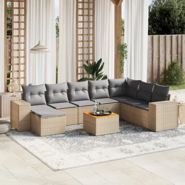 vidaXL 9-delige Loungeset met kussens poly rattan beige, foto 2