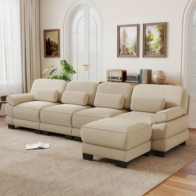 Wishdor Hoekbank voor vier personen - Modulair met diepe zit en hocker - Flexibele opstelling met verbindingsstukken - Ribfluweel en ondersteunende zitting - Woonkamer - Beige - 336 x 161 x 94 cm