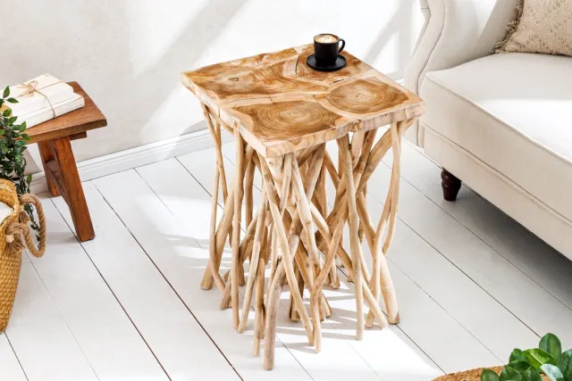 Invicta Interior Massief houten bijzettafel DRIFTWOOD 60 cm naturel teakhout vierkant in paaldesign - 44715 Zie omschrijving