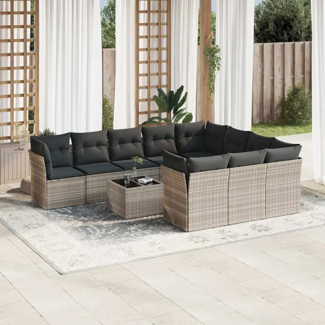 vidaXL 11-delige Loungeset met kussens poly rattan lichtgrijs grijs, foto 2