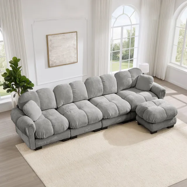 MODENUIT Hoekbank 330 x 149 x 90 cm - 4-Zits L-Vormig Met Mobiele Ottomane - Chenille - Lichtgrijs