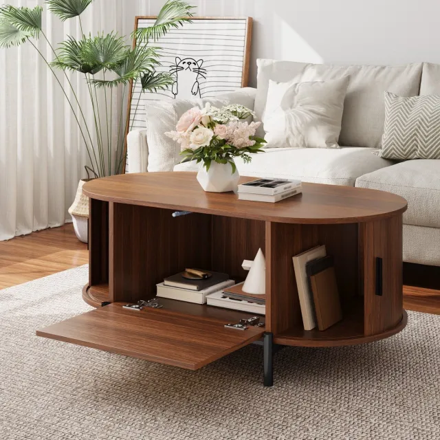 REDOM Ovale salontafel met opbergruimte - MDF - Rattan-deuren en metalen poten - 100 x 50 x 40 cm - woonkamer Walnoot