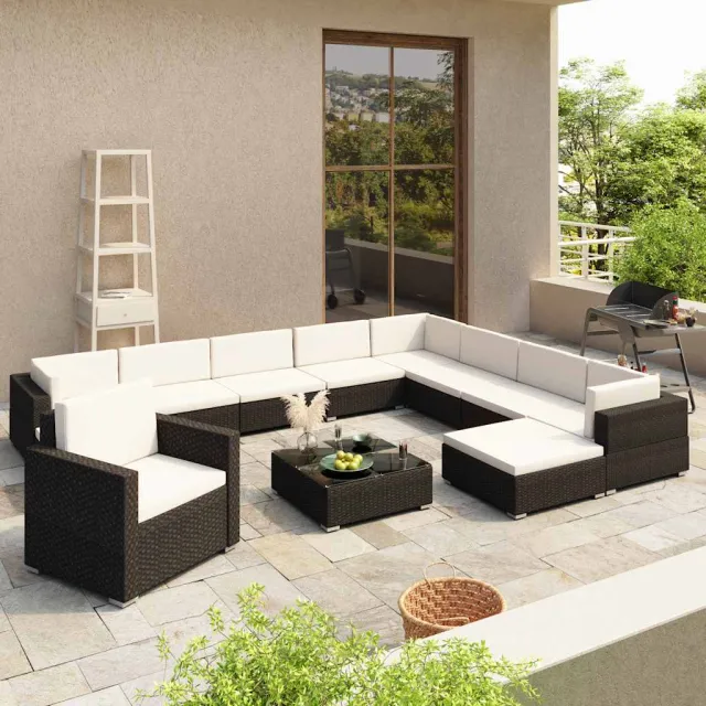 vidaXL 12-delige Loungeset met kussens poly rattan zwart, foto 2