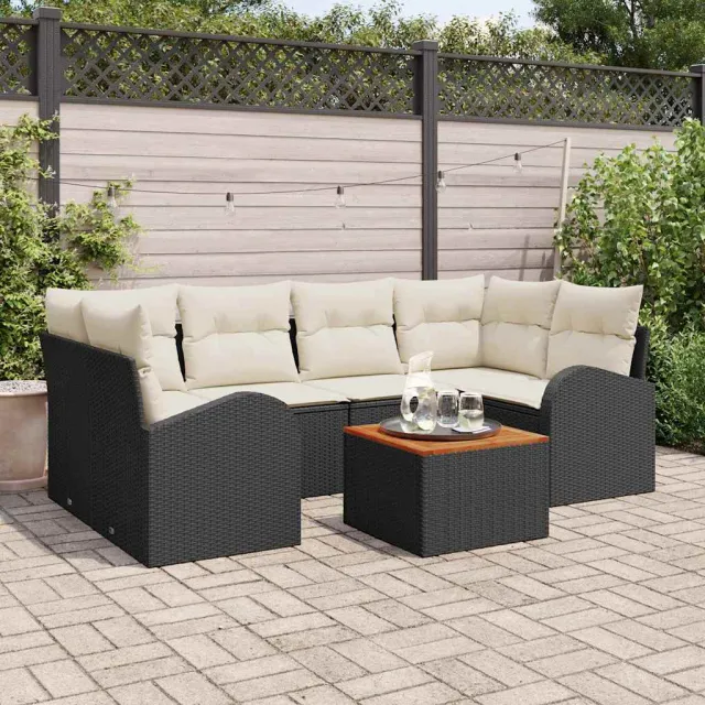 vidaXL Tuinbankenset 7 st Zwart en Crème poly rattan