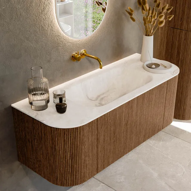Mondiaz KURVE-DLUX 120 cm Onderkast Greeploos 1 Lade Met Deuren Walnut, Wastafel Solid Surface Midden Frappe 0 Kraangaten Zonder Spiegel (KRVBGS120L+R1L2D0KM-Wal/Fra)