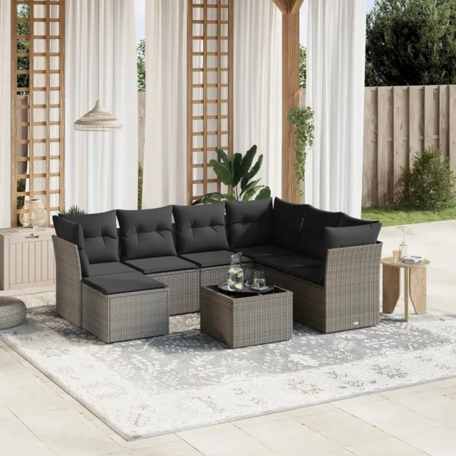 vidaXL 8-delige Loungeset met kussens poly rattan grijs, foto 2