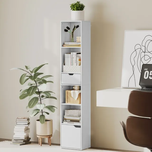 HAUSS SPOLE Boekenkast - 6 Niveaus Met Verstelbare Plank, Lade En Deur - Smal Voor Woonkamer Of Kantoor - Spaanplaat - 30x24x158 Cm - Wit