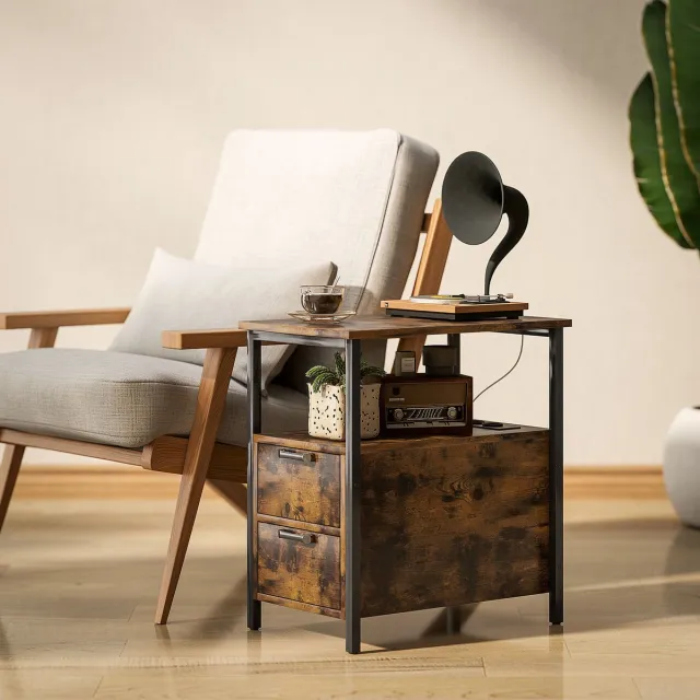 MIVRAY Bijzettafel - Oplaadstation Met Usb En Type C - Met 2 Lades En Open Vak - Voor Woonkamer En Slaapkamer - Hout En Metaal - Bruin Brown
