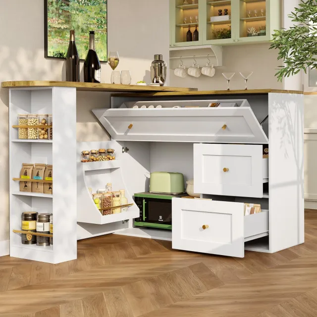 WUVRIE Uitschuifbare bartafel 138-204x39x105 cm - Met opbergruimte en draaiplateau - Wit