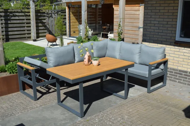 Tuinmeubelwinkel Loungeset Cube Antraciet Hoekbank Diningset Aluminium/Hout – 22380A