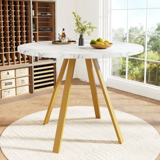 MEUNIQ ronde eettafel 80 cm, marmerlook tafelblad van MDF, metalen onderstel met gouden poten, voor eetkamer en woonkamer, wit-goud White+Gold