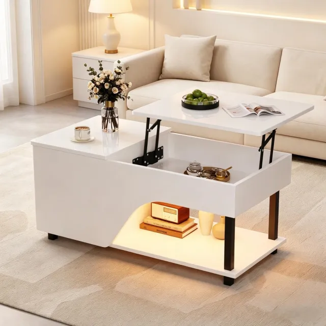 COVREO Salontafel 100x50x46 cm – hoogteverstelbaar, verborgen opbergruimte, wit