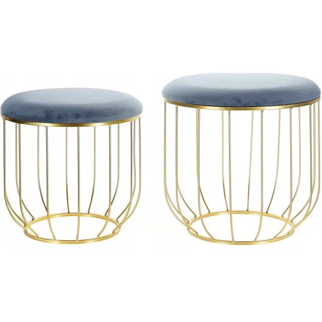 Messa Home Set van 2 Grijze Ribera Pufjes met Gouden Frame - Stijlvol en Elegant Grijs