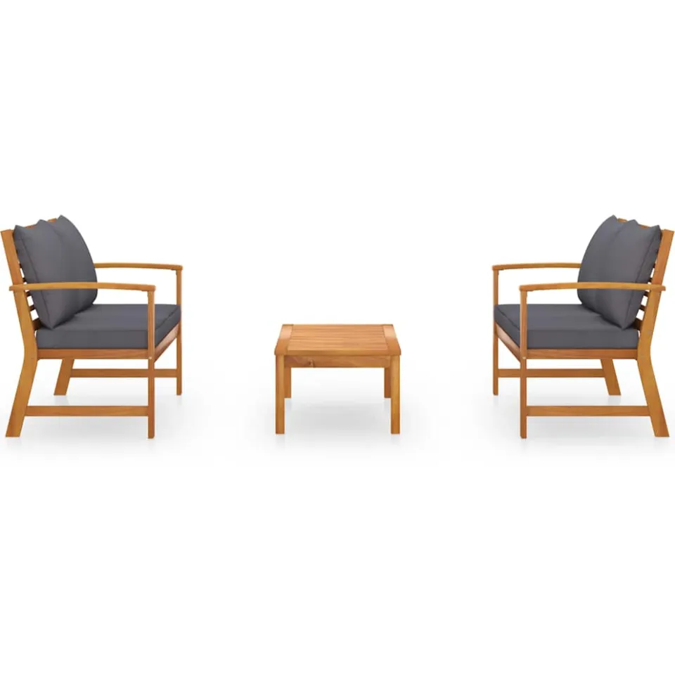 vidaXL 3-delige Loungeset met kussens massief acaciahout grijs