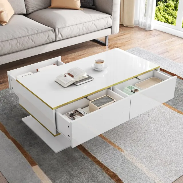 MIVRAY Salontafel - Hoogglans Met Ledverlichting En Usb - 3 Lades En Open Vak Voor Woonkamer - Spaanplaat - Wit Goud - 100x50x40 Cm